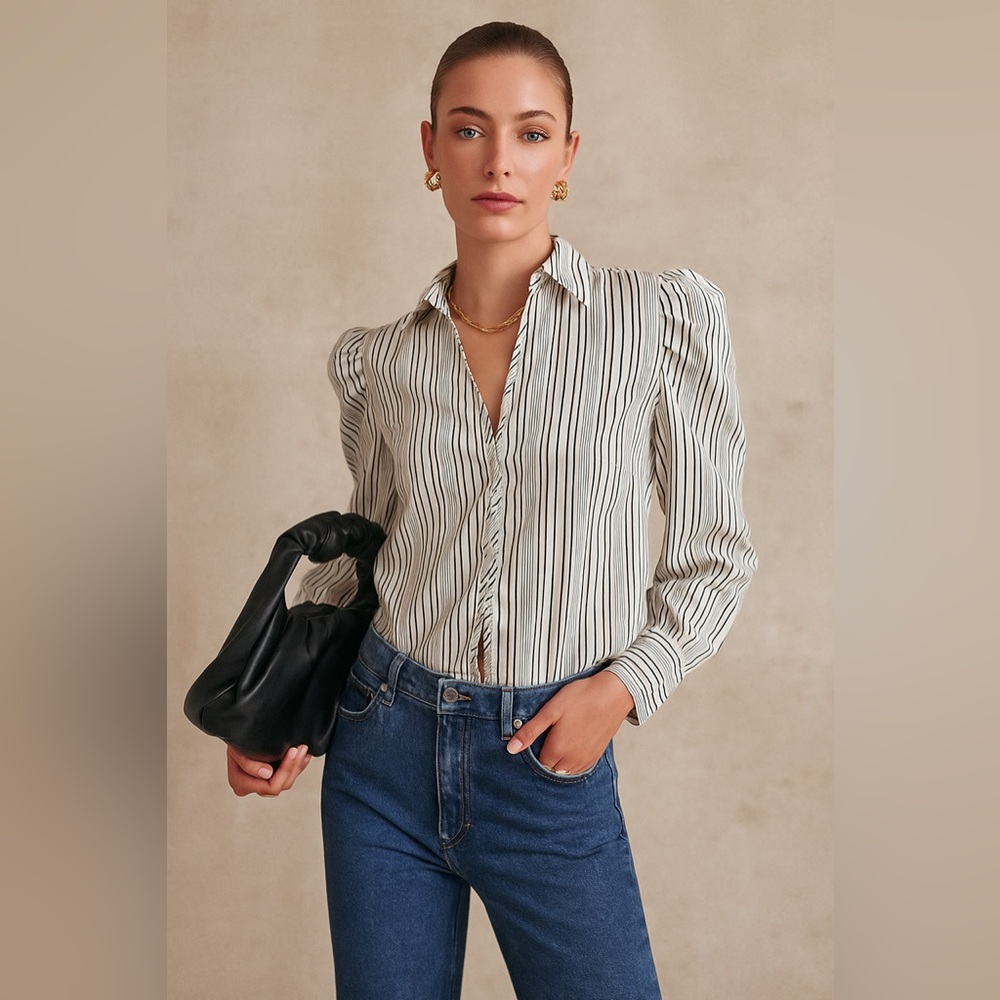 Precis Striped Women's Collared Button Up Blouse Puff Sleeves Fitted Tailored